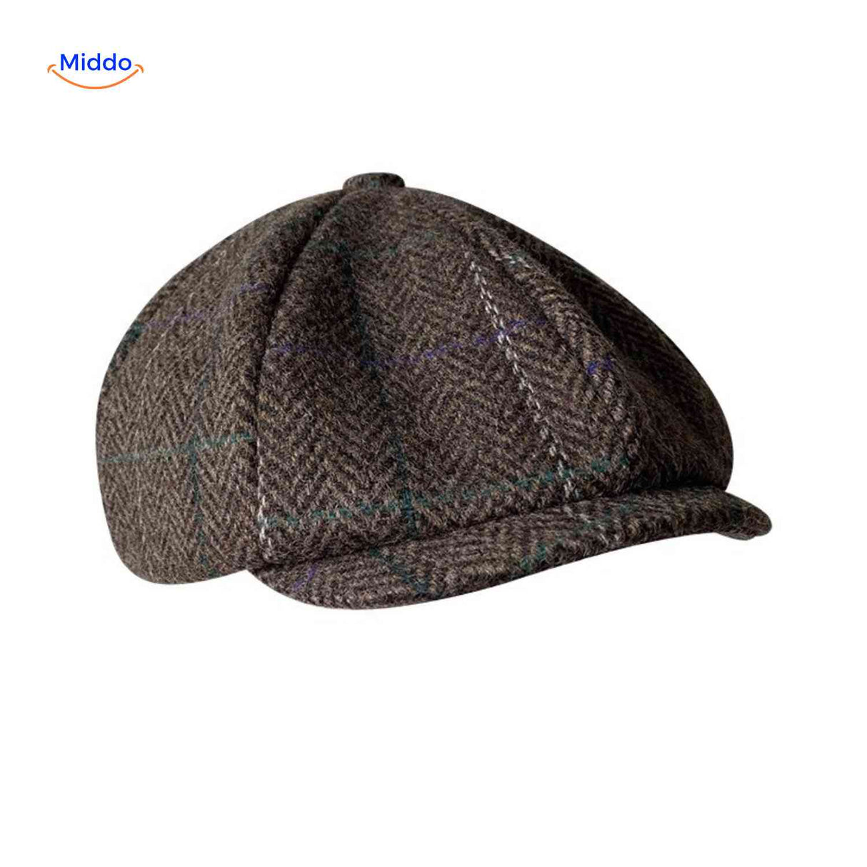 Brown plaid wool flat cap with classic vintage newsboy style.