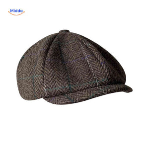 Brown plaid wool flat cap with classic vintage newsboy style.