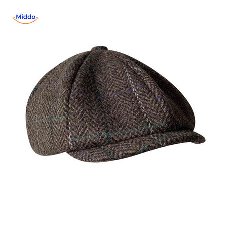 Brown plaid wool flat cap with classic vintage newsboy style.