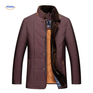 Brown quilted jacket showing lining and button details.