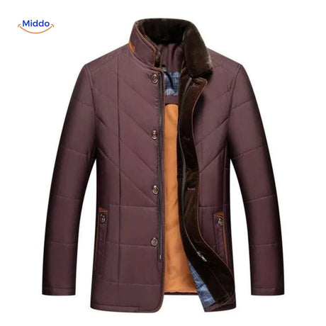 Brown quilted jacket showing lining and button details.