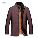 Brown quilted jacket showing lining and button details.