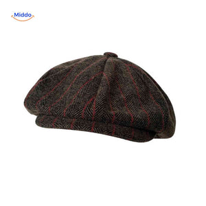 Brown and red striped wool flat cap with timeless newsboy appeal.