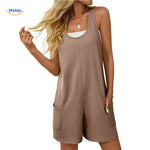 Brown casual romper with racerback straps and side pockets.
