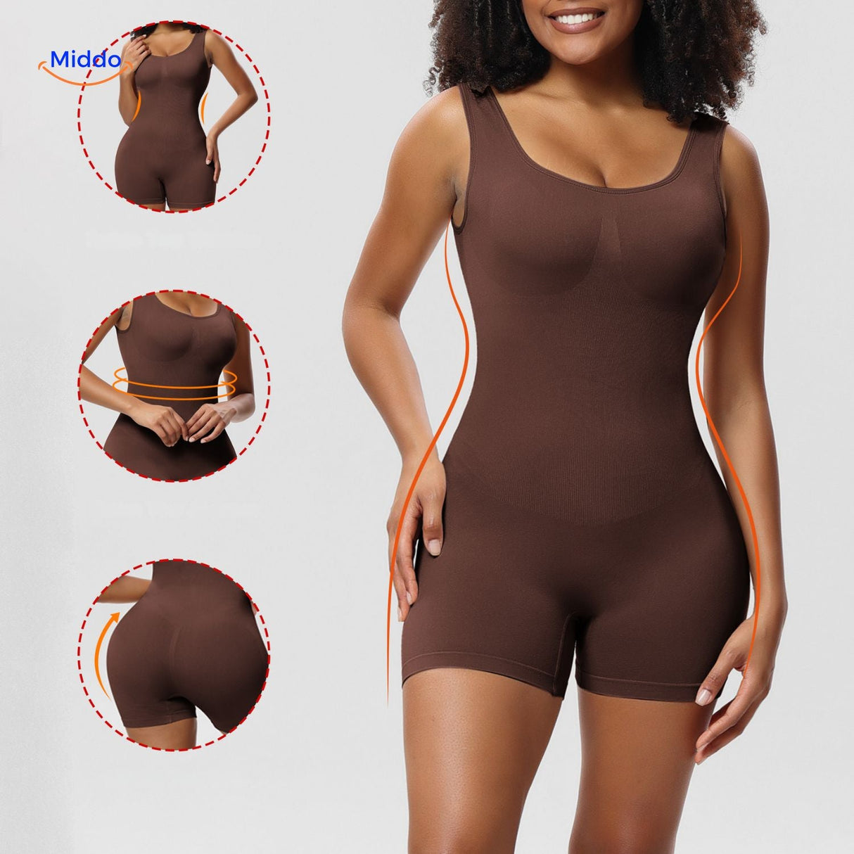 Brown body-shaping bodysuit with seamless construction for smooth fit.