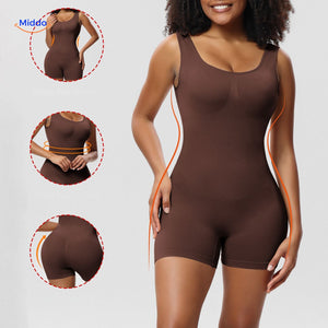 Brown body-shaping bodysuit with seamless construction for smooth fit.