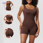 Brown body-shaping bodysuit with seamless construction for smooth fit.