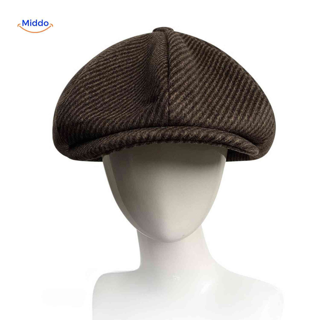 Brown striped wool cabby cap combining vintage design with comfort.