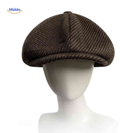 Brown striped wool cabby cap combining vintage design with comfort.