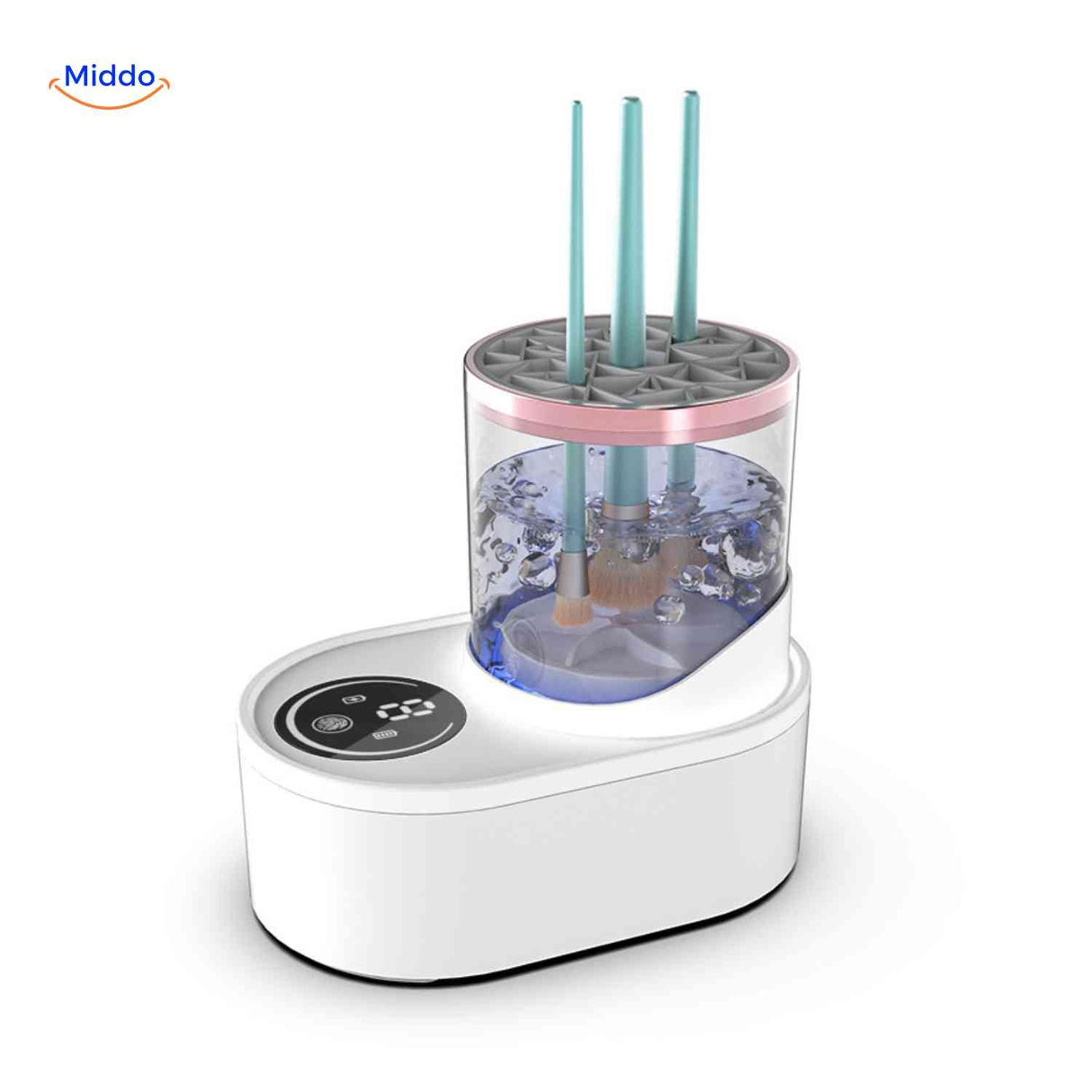 Brush cleaner spinning multiple makeup brushes simultaneously with illuminated blue LED indicator.