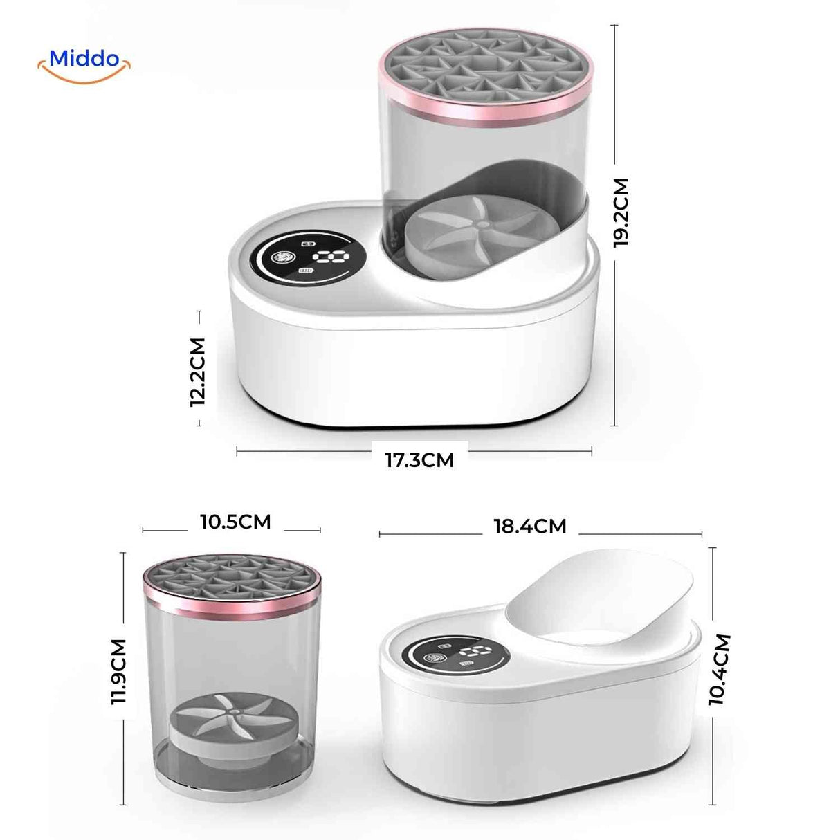 Electric brush cleaner with removable water tank and intuitive touch control buttons.