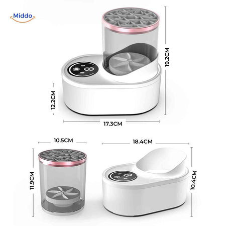 Electric brush cleaner with removable water tank and intuitive touch control buttons.