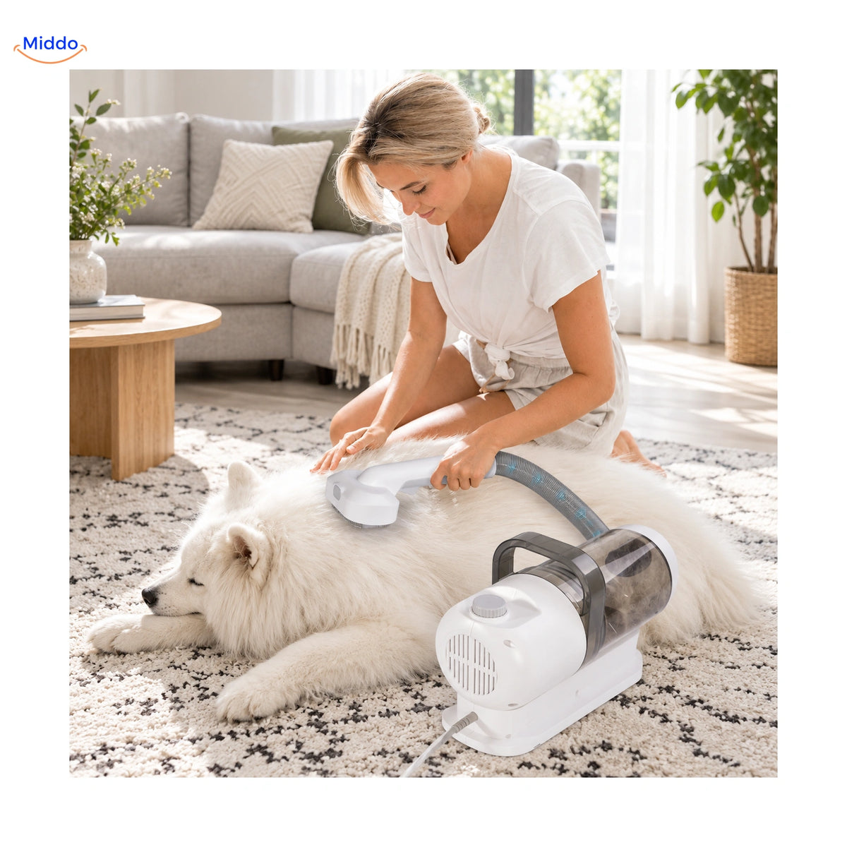 Brushing a dog with the Furiva grooming vacuum