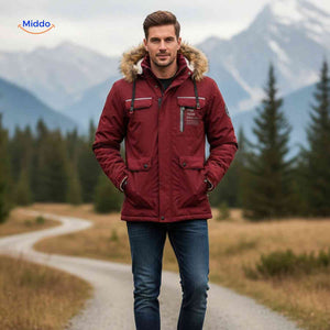 Burgundy insulated men's winter jacket with hood and flap pockets.