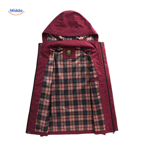 Burgundy men's winter jacket with plaid lining and hood.