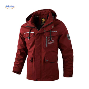 Burgundy waterproof men's parka with hood and flap pockets.