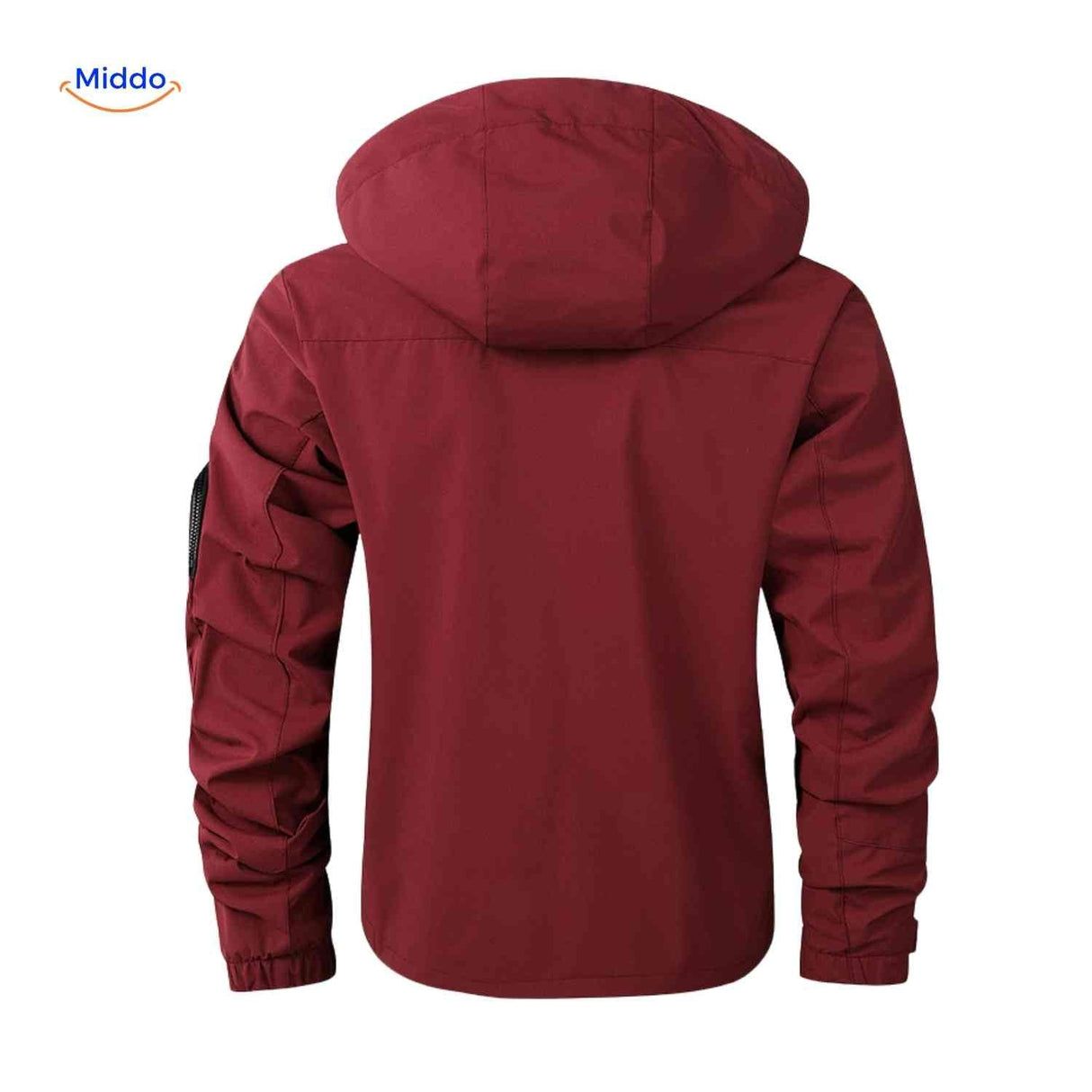 Burgundy waterproof men's outdoor jacket with hood and arm pocket.
