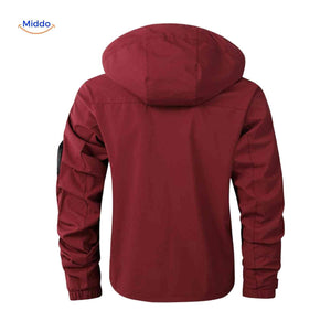 Burgundy waterproof men's outdoor jacket with hood and arm pocket.
