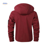 Burgundy waterproof men's outdoor jacket with hood and arm pocket.