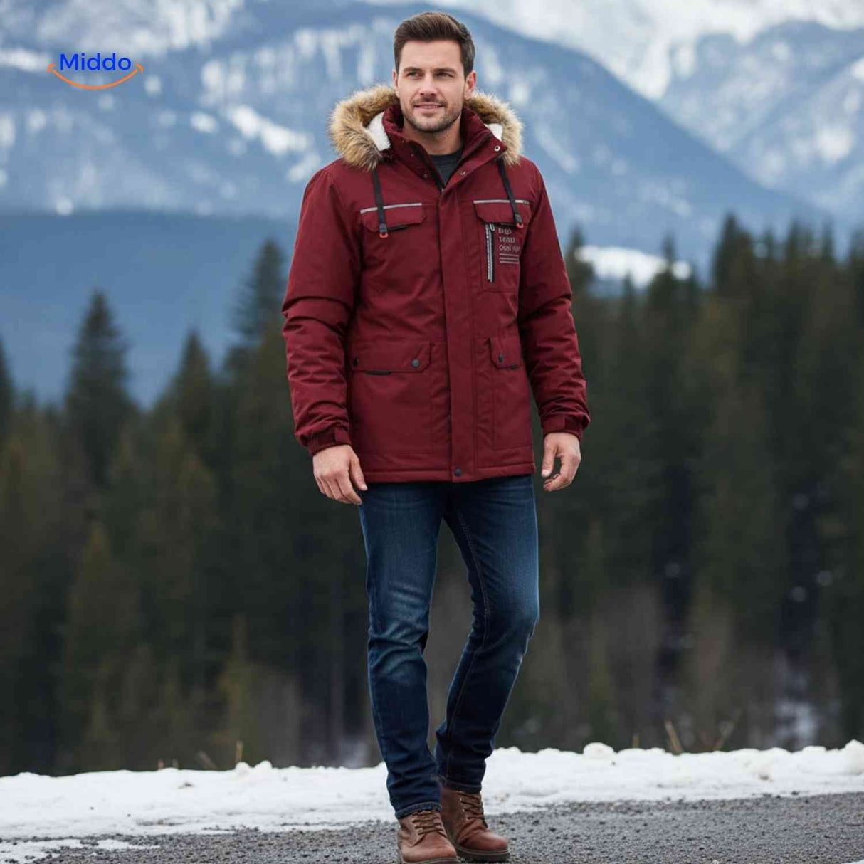 Burgundy outdoor men's jacket with hood and zip chest pocket.