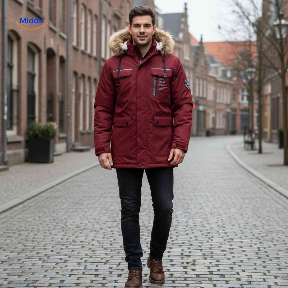 Burgundy waterproof men's winter parka with fur collar and flap pockets.