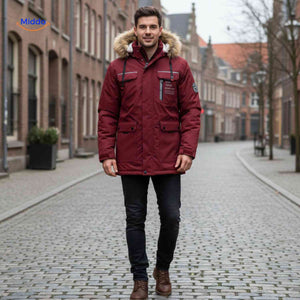 Burgundy waterproof men's winter parka with fur collar and flap pockets.