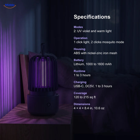 Specifications of the BuzzAway mosquito lamp: 2 light modes, USB-C, 120 to 215 sq ft