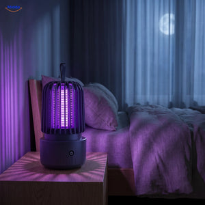 BuzzAway mosquito lamp in UV mode on a bedside table
