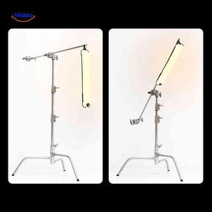 Soft LED lamp mounted on professional C-stand for film and studio production.