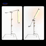 Soft LED lamp mounted on professional C-stand for film and studio production.