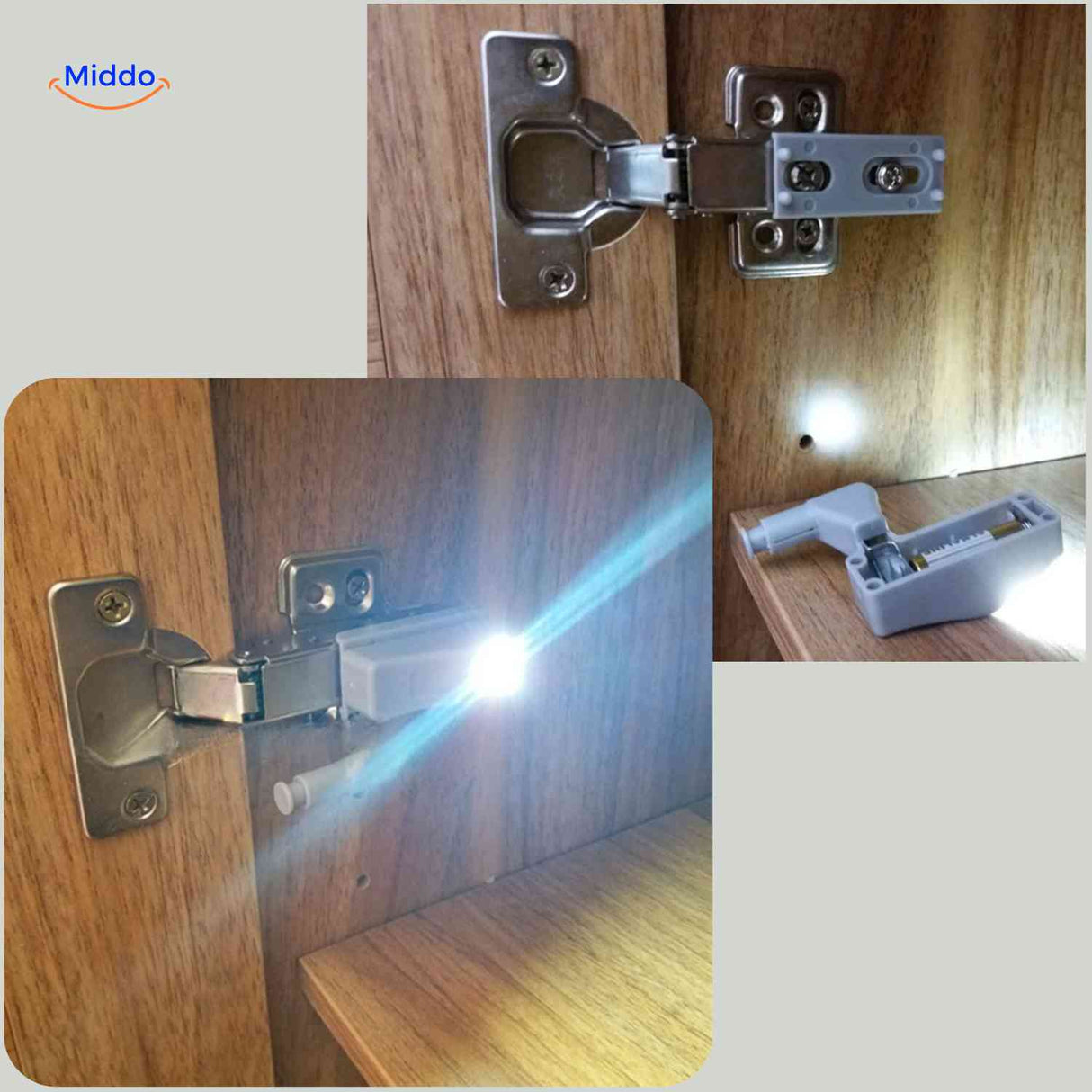 Cabintra LED cabinet light mounted on door showing battery compartment access detail.