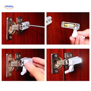 Step-by-step installation instructions for Cabintra LED hinge cabinet light setup.