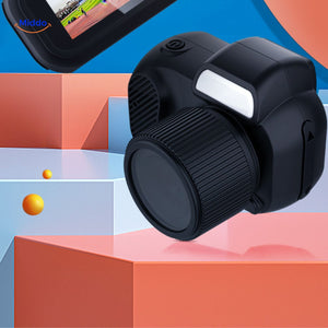 Close-up detail of portable camera lens and built-in flash