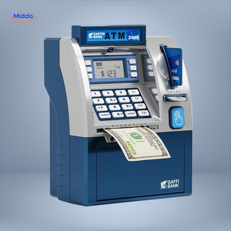 Camouflage-style blue ATM piggy bank with digital PIN code protection.