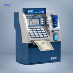 Camouflage-style blue ATM piggy bank with digital PIN code protection.