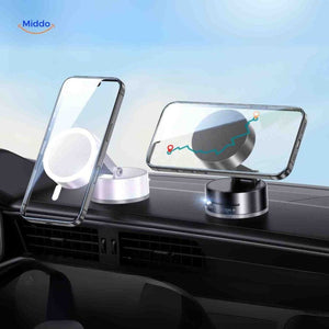 Magnetic phone holder mounted on car dashboard securing smartphone while driving.