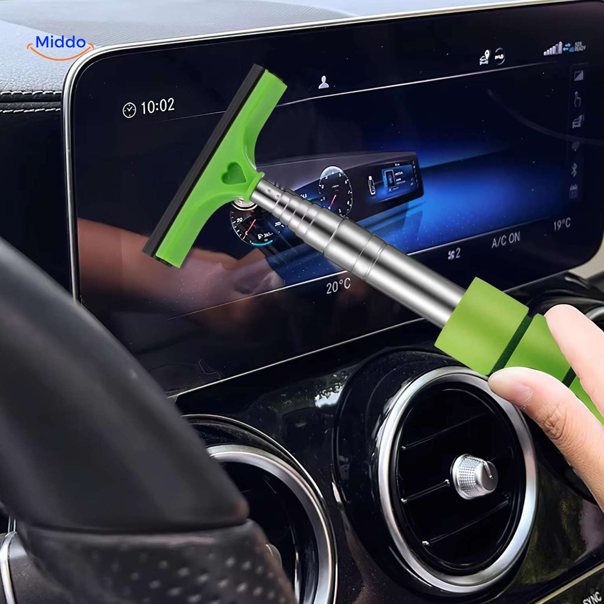 Car dashboard and navigation screen cleaner tool for removing dust and smudges.