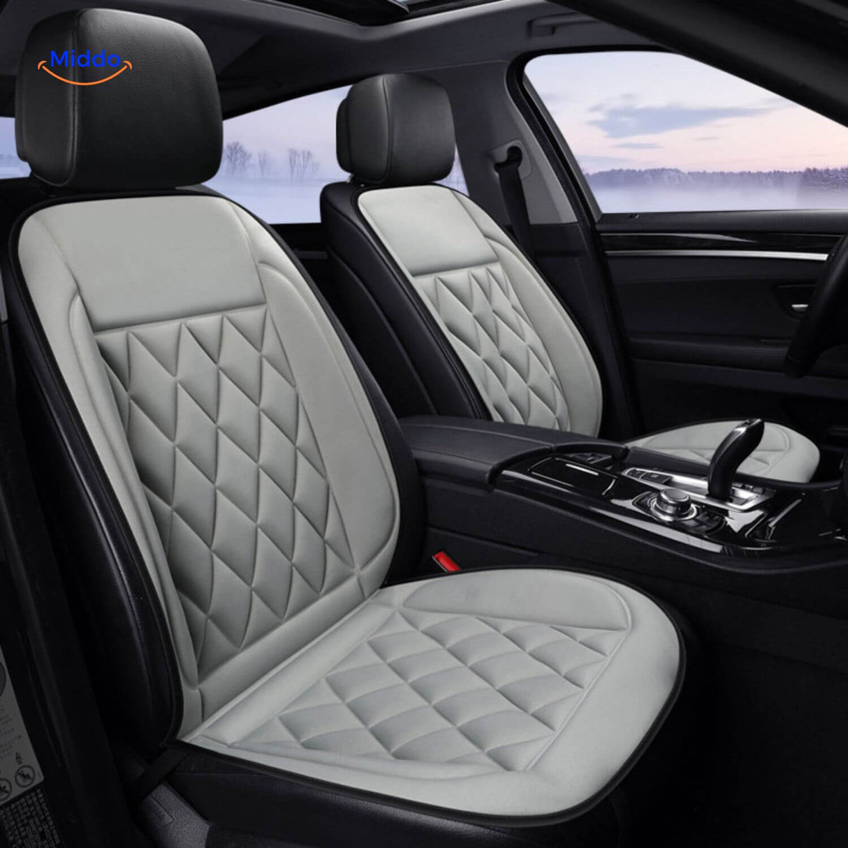 Heated car seat cushion providing instant warmth during cold winter driving conditions.