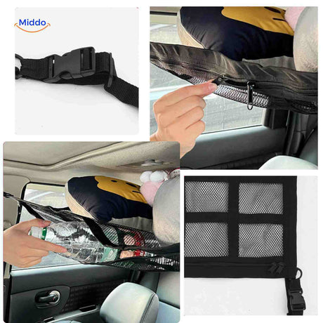 Car luggage storage net with reinforced buckles and zipper for secure closure.