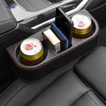 SpaceMate organizer installed in car seat holding drinks and phone.
