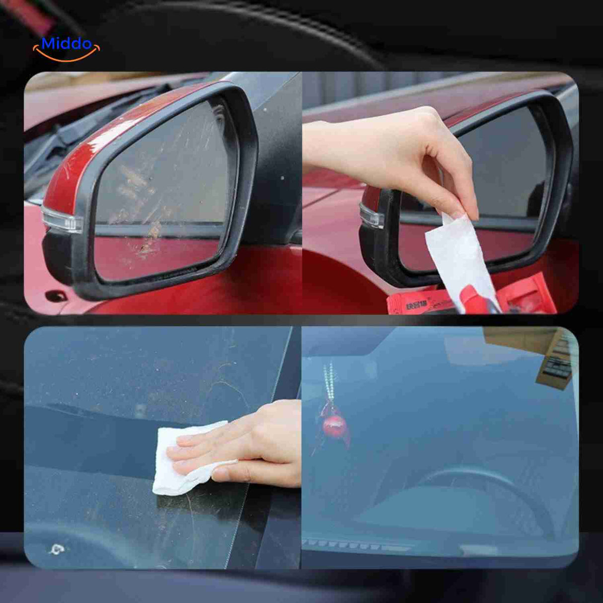 ClearView wipes cleaning car side mirror glass without streaks.