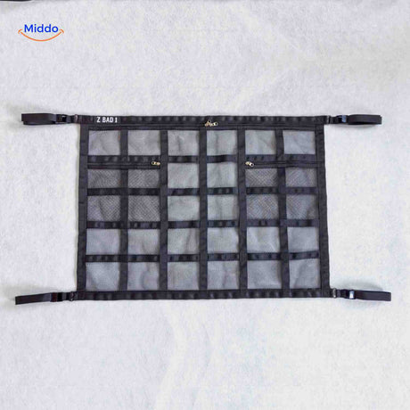 Car storage bag with multiple pockets and universal buckle attachment system.
