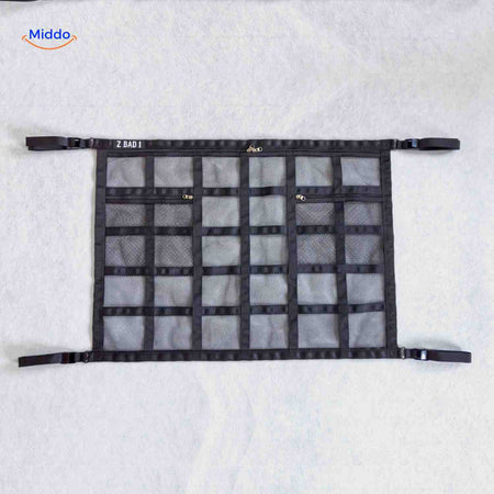 Car storage bag with multiple pockets and universal buckle attachment system.