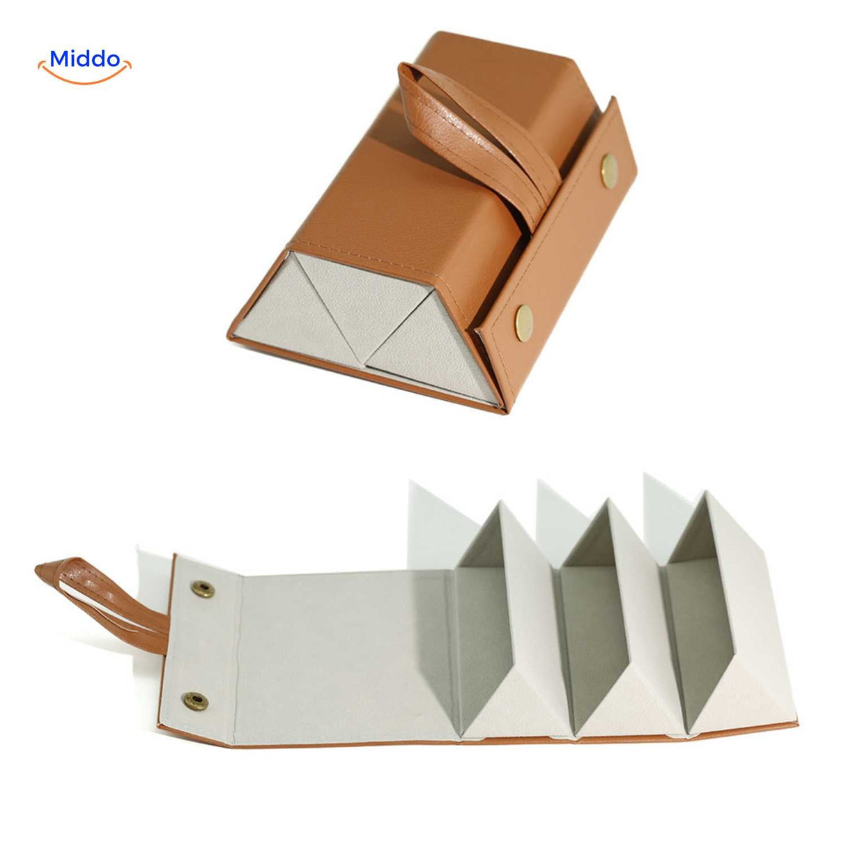 Caramel 3-slot foldable eyeglasses case open to show three separate padded glasses slots.