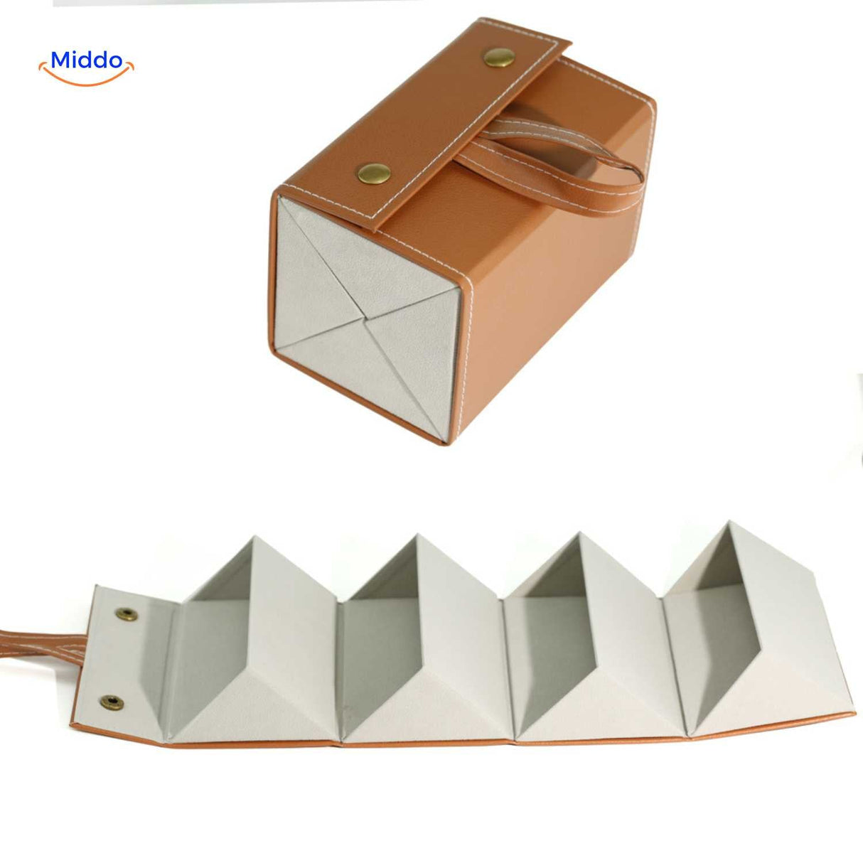 Caramel 4-slot foldable eyeglasses storage case displayed open with compartments clearly shown.