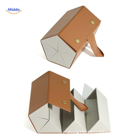 Caramel 5-slot multi-compartment foldable eyeglasses case open displaying all five sections.