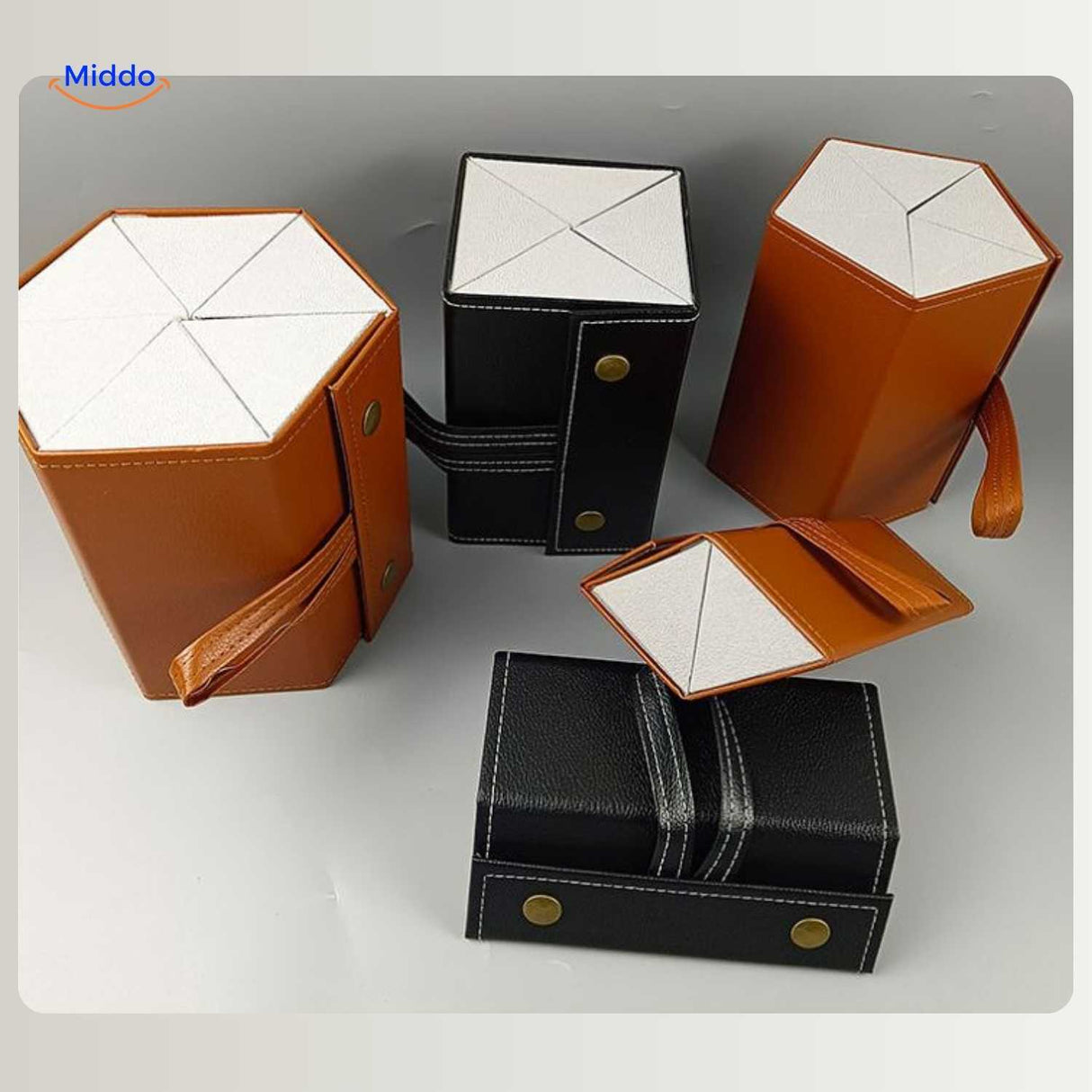 Caramel and black multi-compartment foldable eyeglasses cases shown side by side with dividers visible.