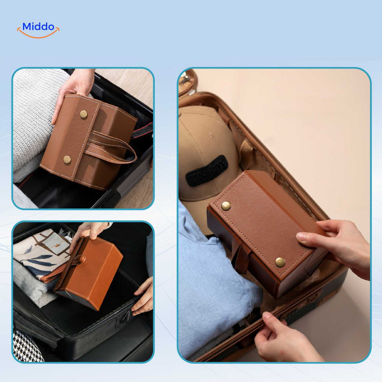 Caramel foldable eyeglasses case held in hand during travel, showing its compact handy size.