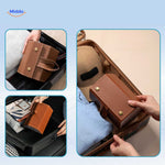 Caramel foldable eyeglasses case held in hand during travel, showing its compact handy size.