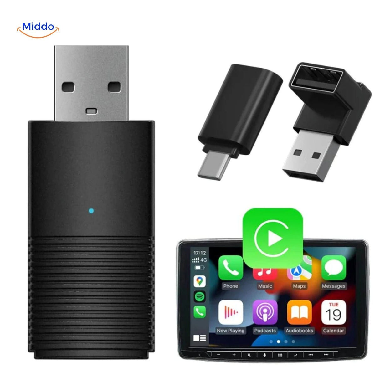 CarLink Pro complete set includes wireless adapter, display unit, cables and mounting accessories.